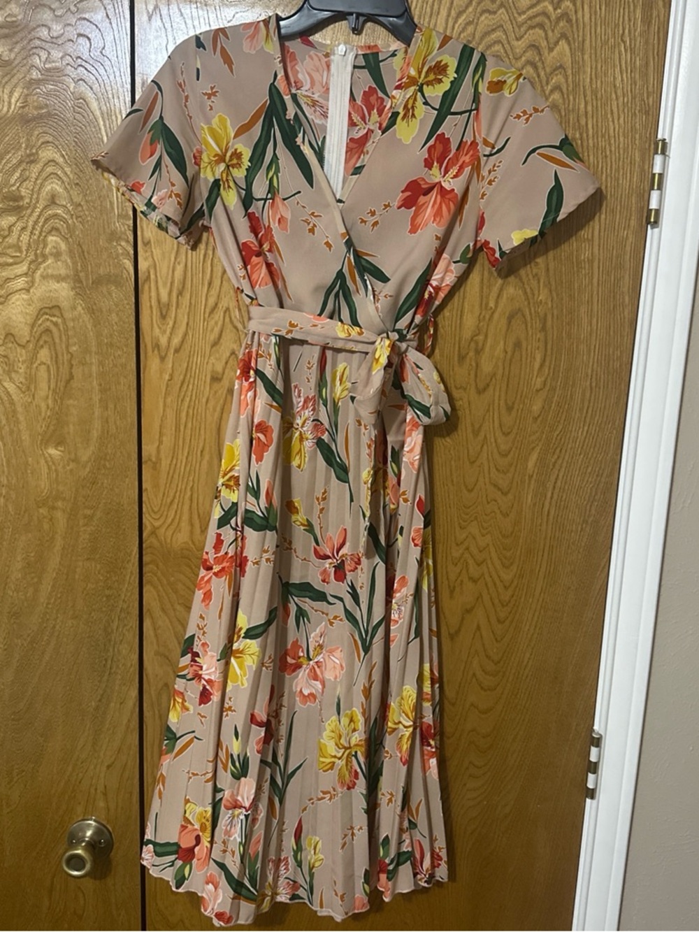 Floral Wrap Midi Dress in Taupe with Yellow & Coral Blooms